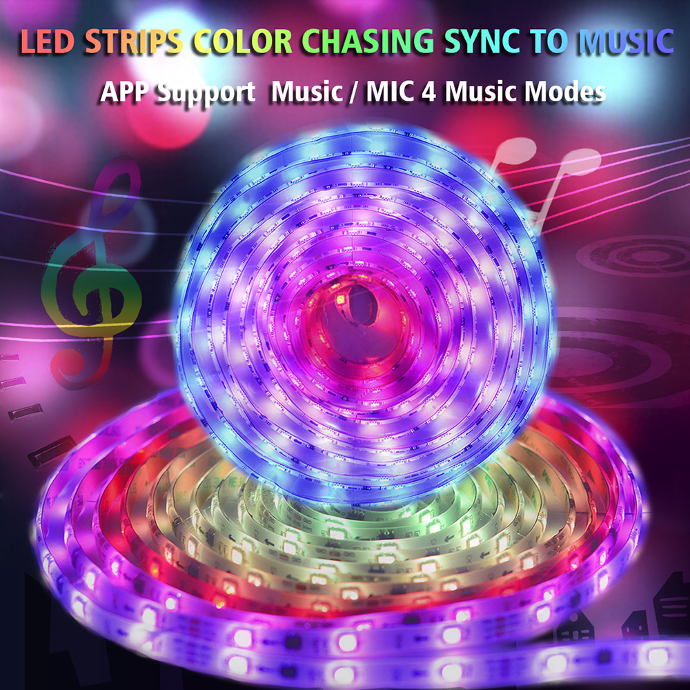 New Upgraded 32.8 Foot/10-meter Dream Color Chasing Digital Addressable RGB Flexible LED Strip Light Kit, DC12V 300LEDs Bluetooth Music Controller, For Home,Party,Eaves,Car Decoration